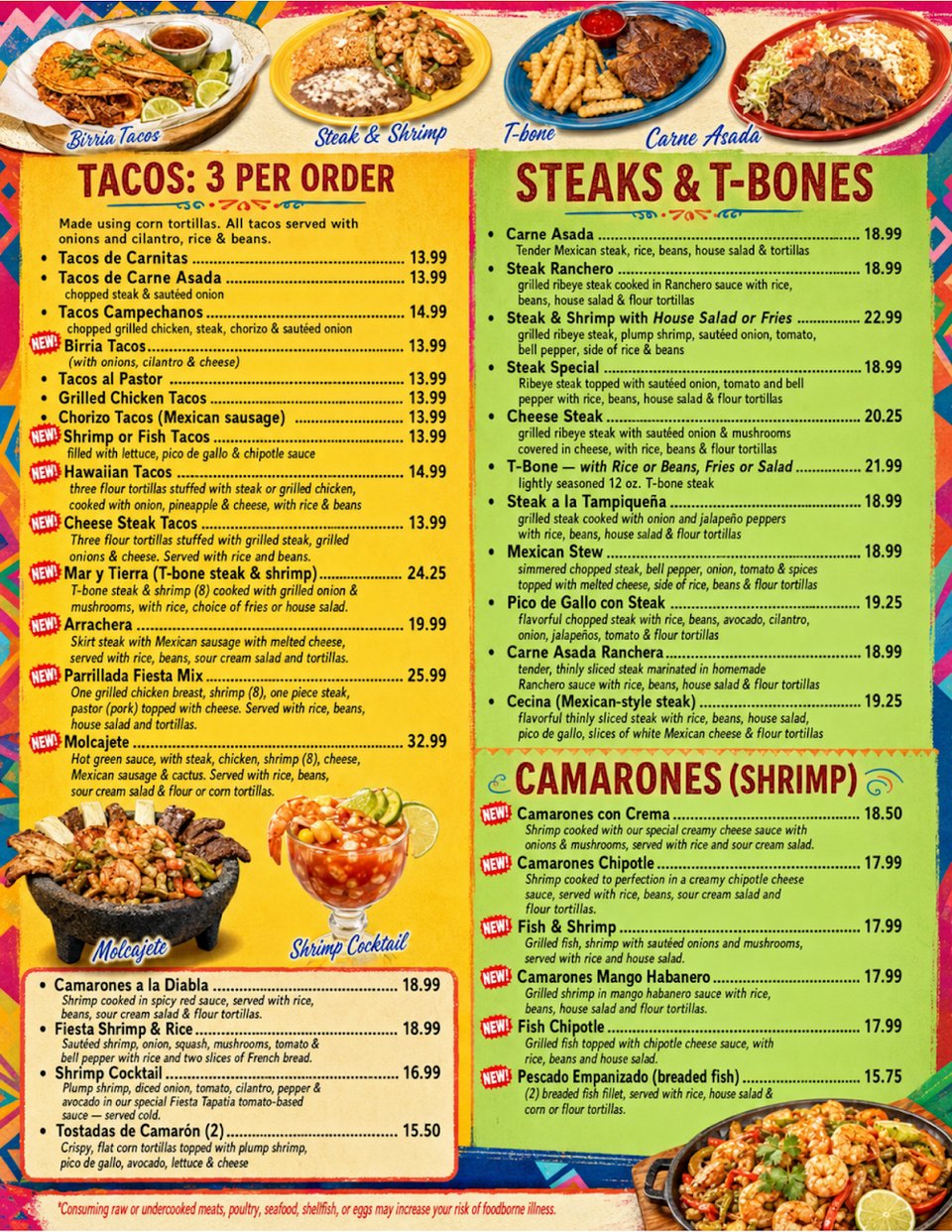 Printed menu with quesadillas and burritos