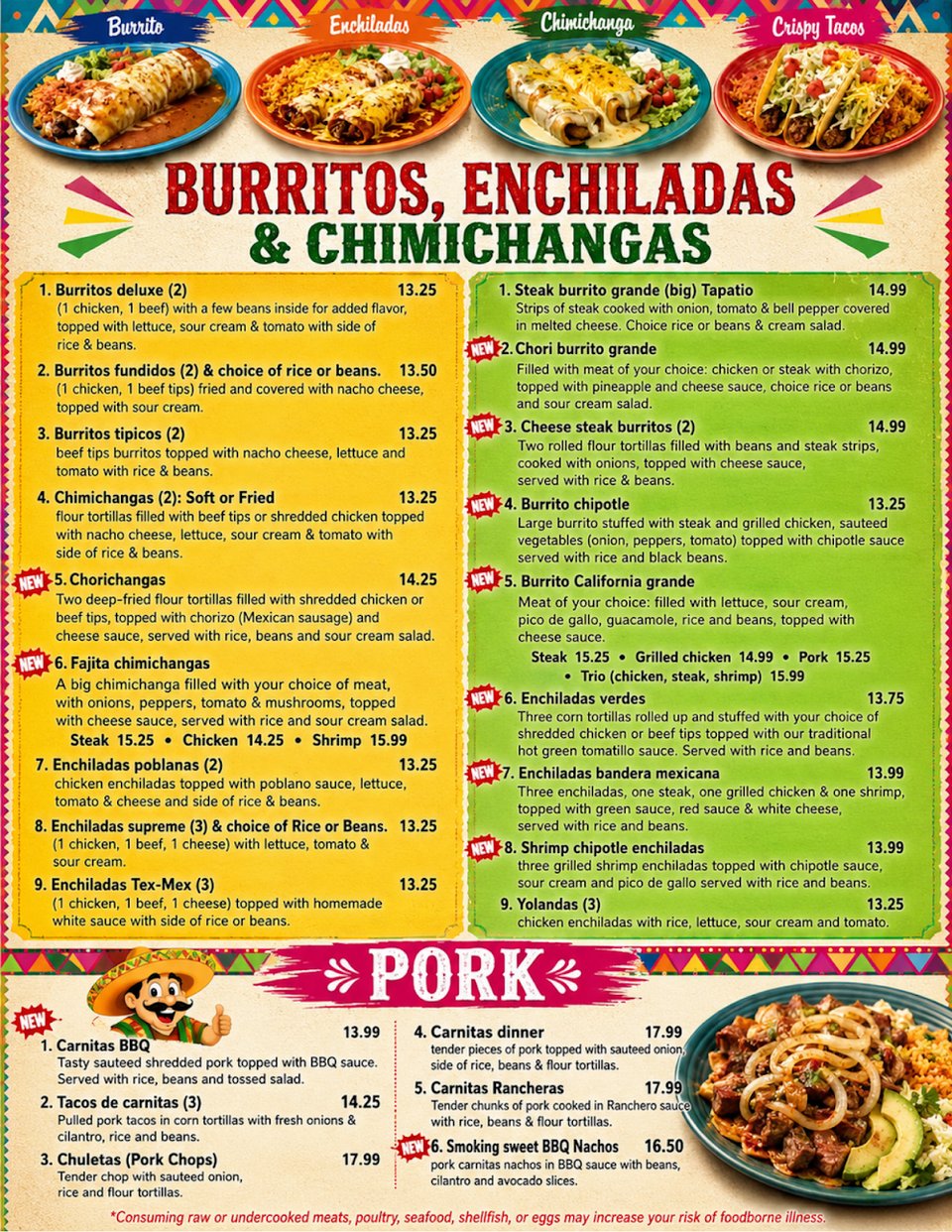 Menu page showing nachos and salads